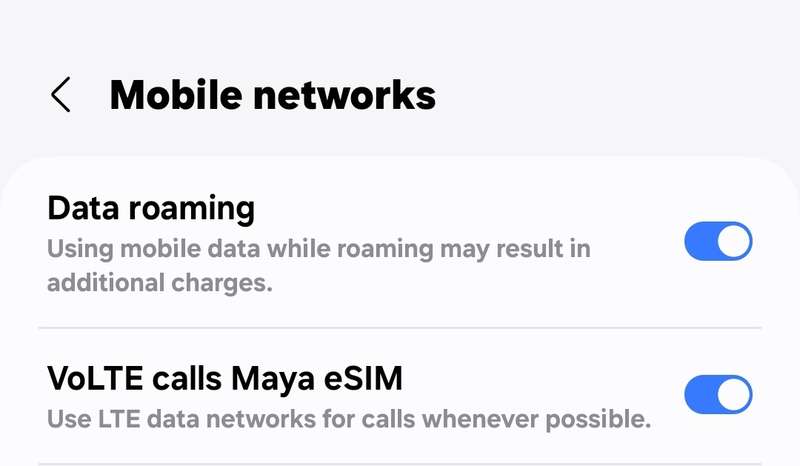 Maya eSIM enables data roaming on a Samsung Galaxy Android phone