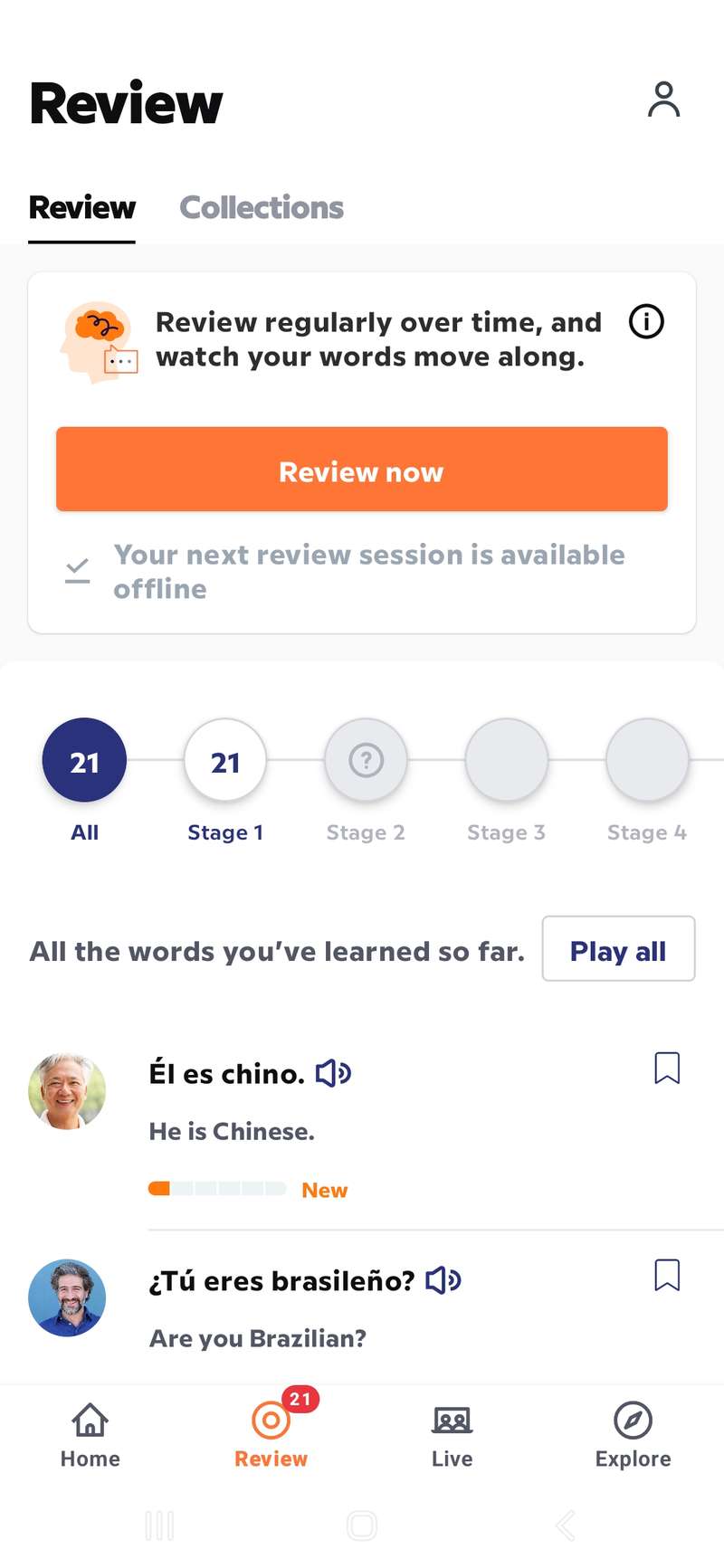 Review what you learned in live classes in the Babbel app