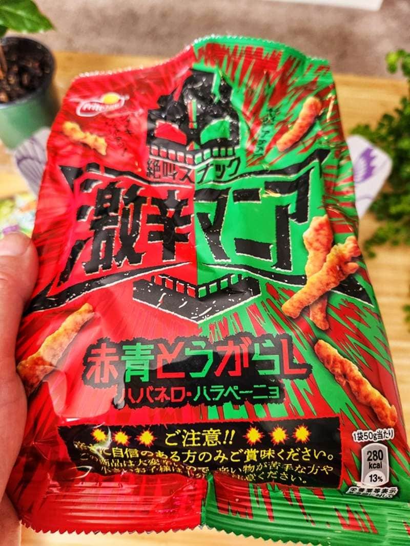 Super spicy mania red and green peppers corn snacks Japan Candy Box Review