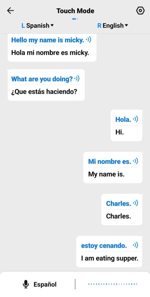 Using Touch mode Spanish and English mode in the Timekettle app with the M3 earbuds