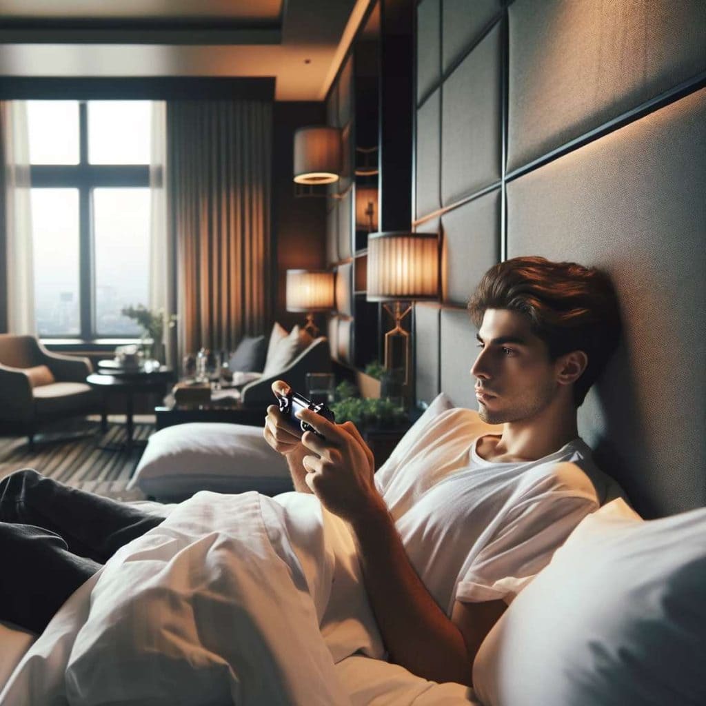 a young man playing a video game on a handheld device while lying in bed in a hotel room