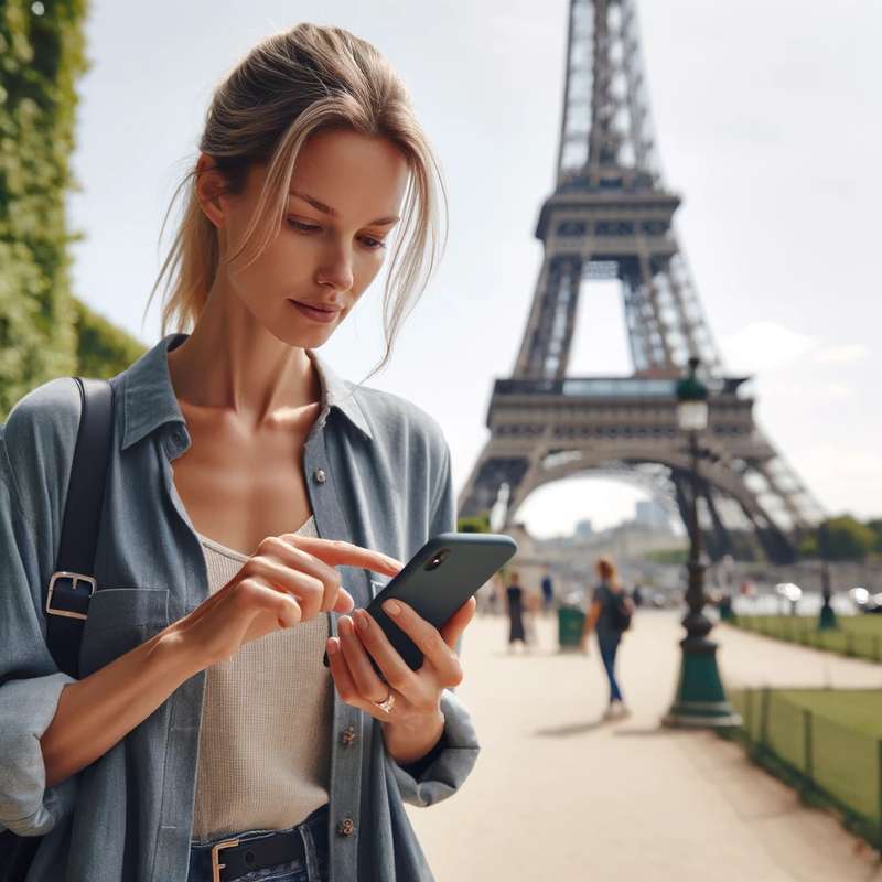 woman using a cell phone in front of the Eiffel Tower in Paris This image created with DALL-E image generator