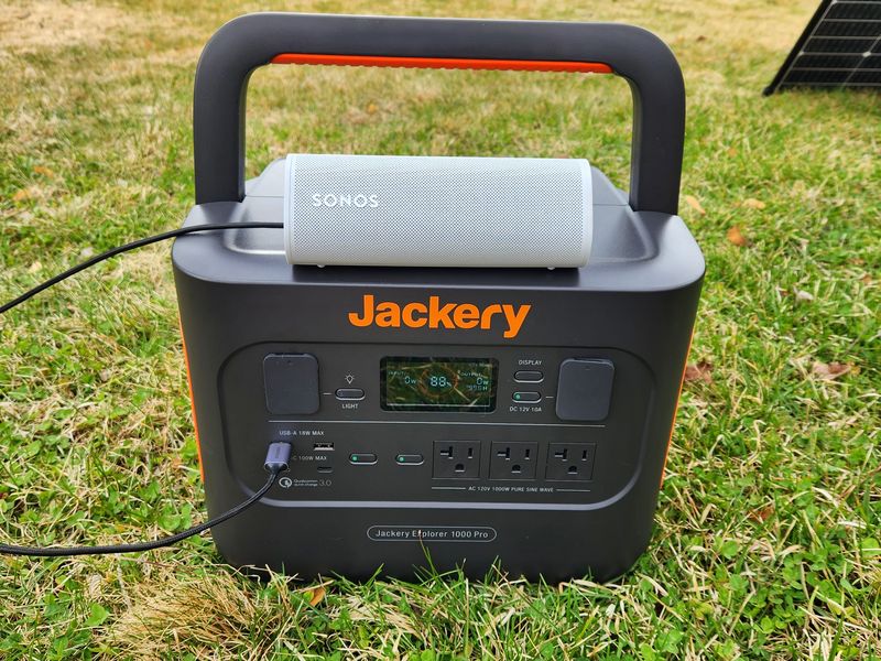 Bluetooth speaker charging from the Jackery Explorer 1000 Pro
