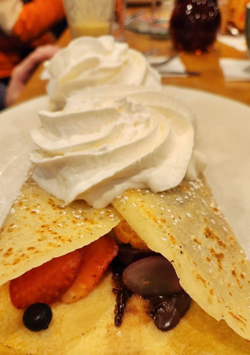 Cora Kelowna giant stuffed crepe with chocolate sauce and fruit