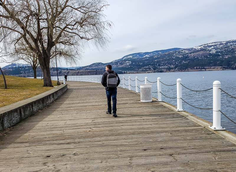 The wooden boardwalk in downtown Kelowna BC along Okanagan Lake