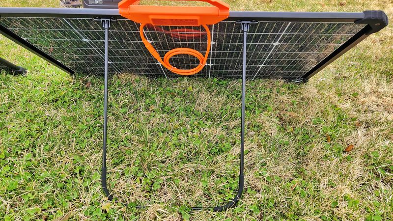 Stand and back view of a Jackery SolarSaga 80 W solar panel