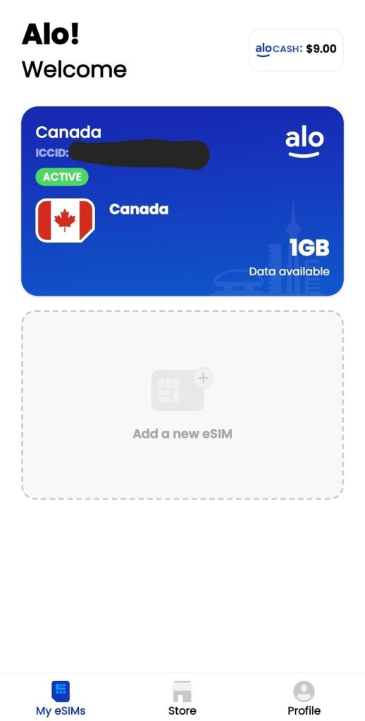 aloSIM app My eSIMs plan activated with canada eSIM data plan 1GB