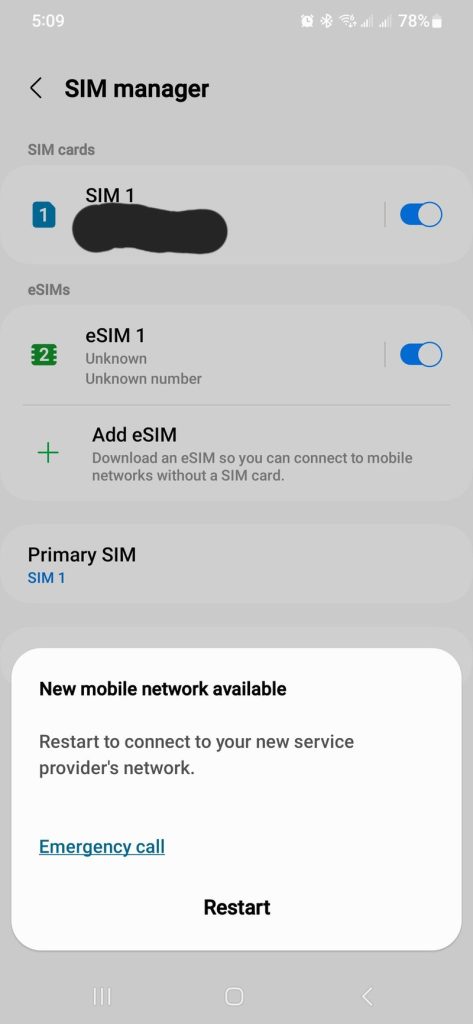 aloSIM app eSIM installed prompt to restart