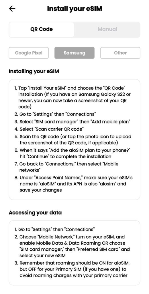 aloSIM app installation instructions in the app