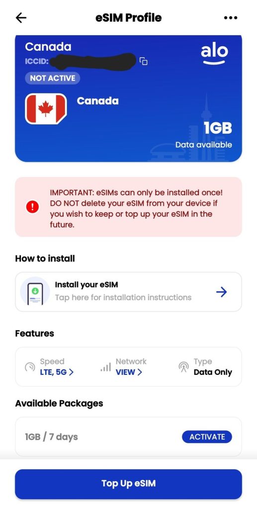 aloSIM app purchasing an eSIM for Canada