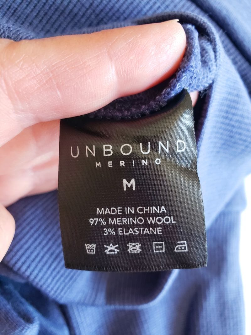 Unbound Merino wool clothing laundry instructions tag