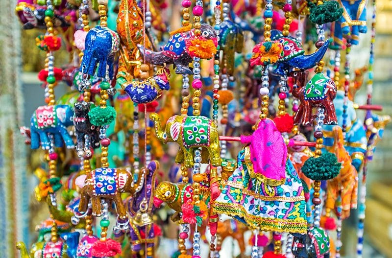 Colorful elephant figurines at Souq Mubarakiya in Kuwait City