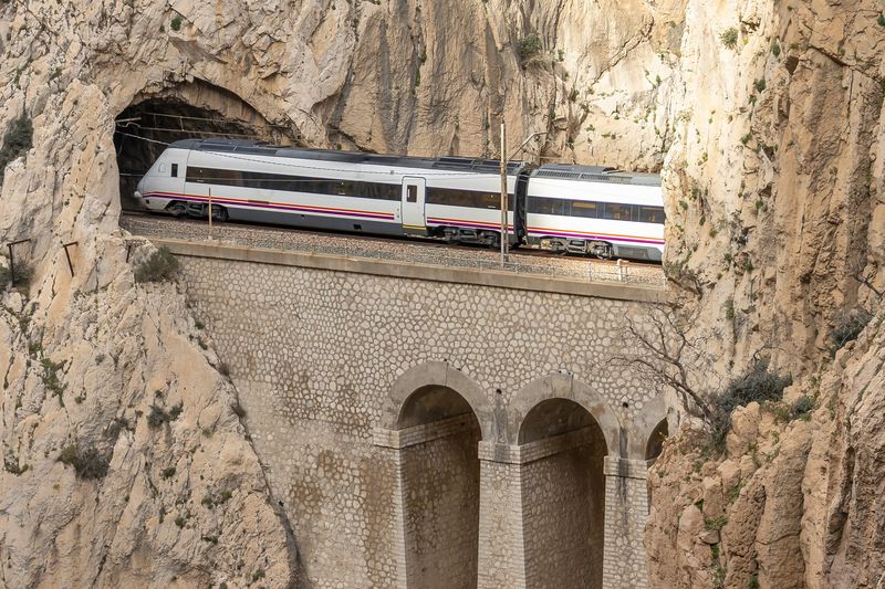 Transportation in Spain RENFE Avant and Alvia in Desfiladero de los Gaitane Spain