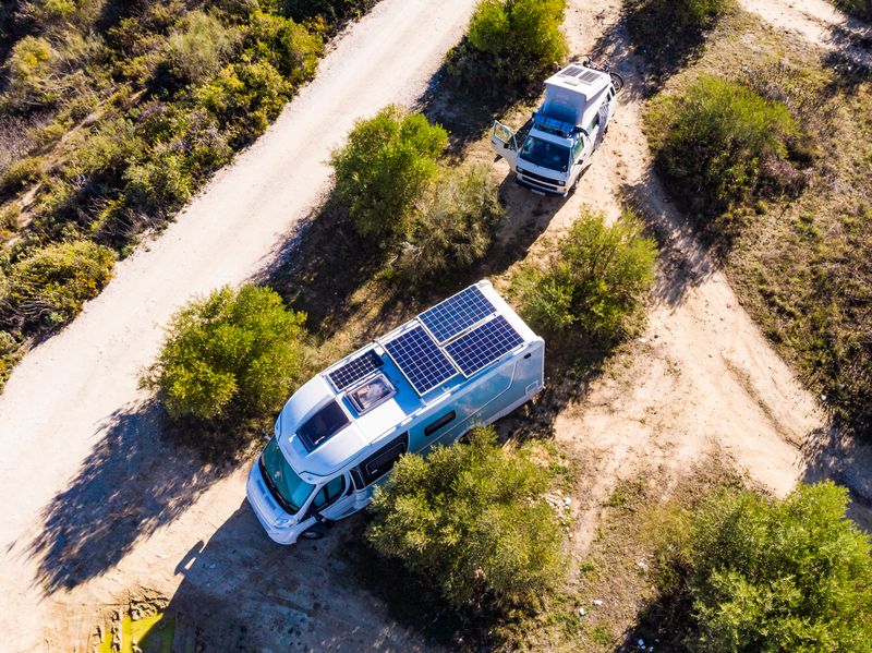 Campervans from above with a solar pane