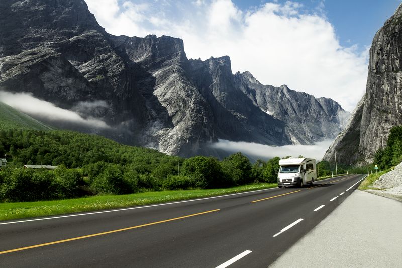 campervan on the road in the mountains