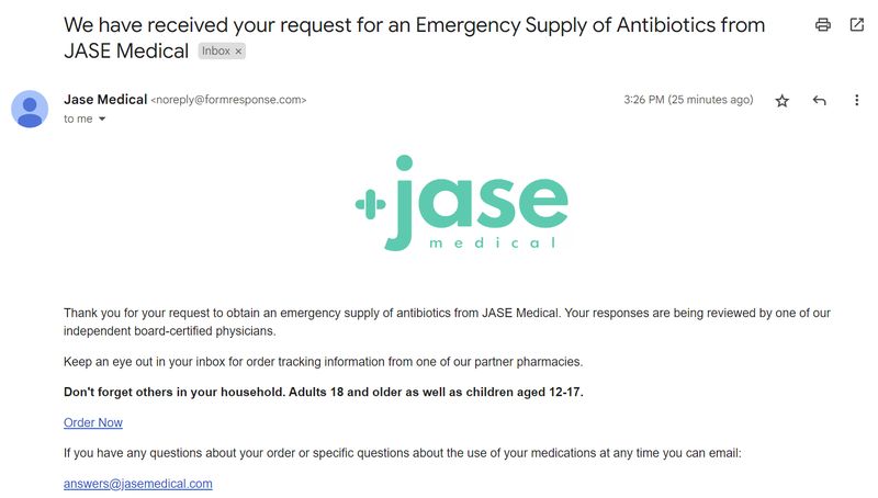 JASE Medical Emergency Antibiotics Order confirmation email