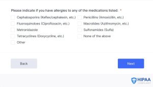 JASE Medical Emergency Antibiotics Order questions about allergies Screenshot