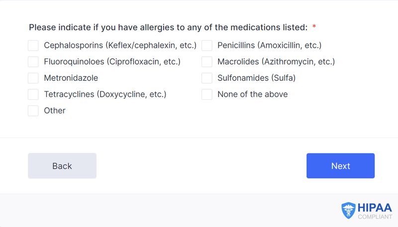 JASE Medical Emergency Antibiotics Order questions about allergies Screenshot