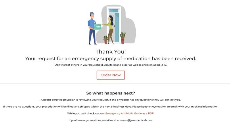 Screenshot of successfully placed order of JASE Medical Emergency Antibiotics