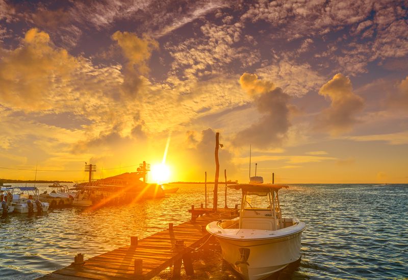 Sunset on the pier at Holbox Island Quintana Roo Mexico