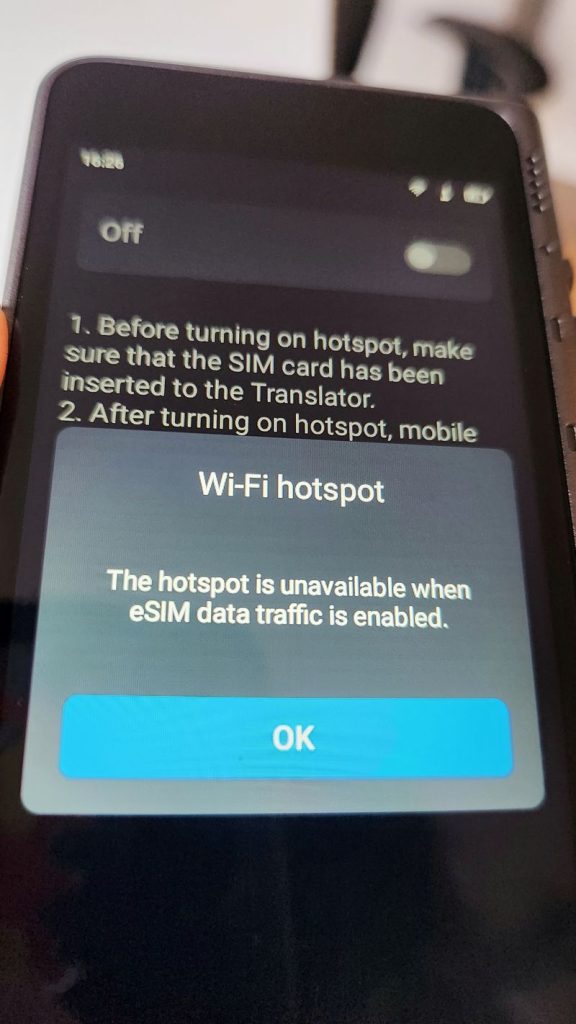 Fluentalk T1 handheld translator Wi-Fi hotspot cannot be used when eSIM data is enabled error screen