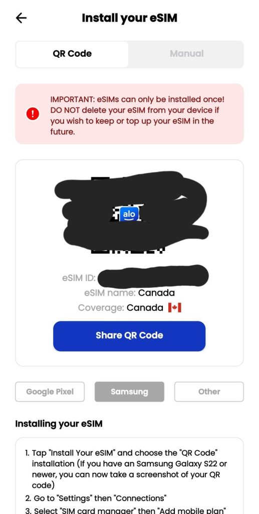 aloSIM app My eSIMs plan NOT activated with canada eSIM data plan 1GB