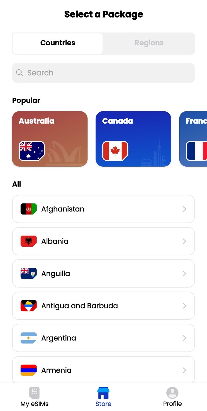 aloSIM eSIM app Store eSIM countries available