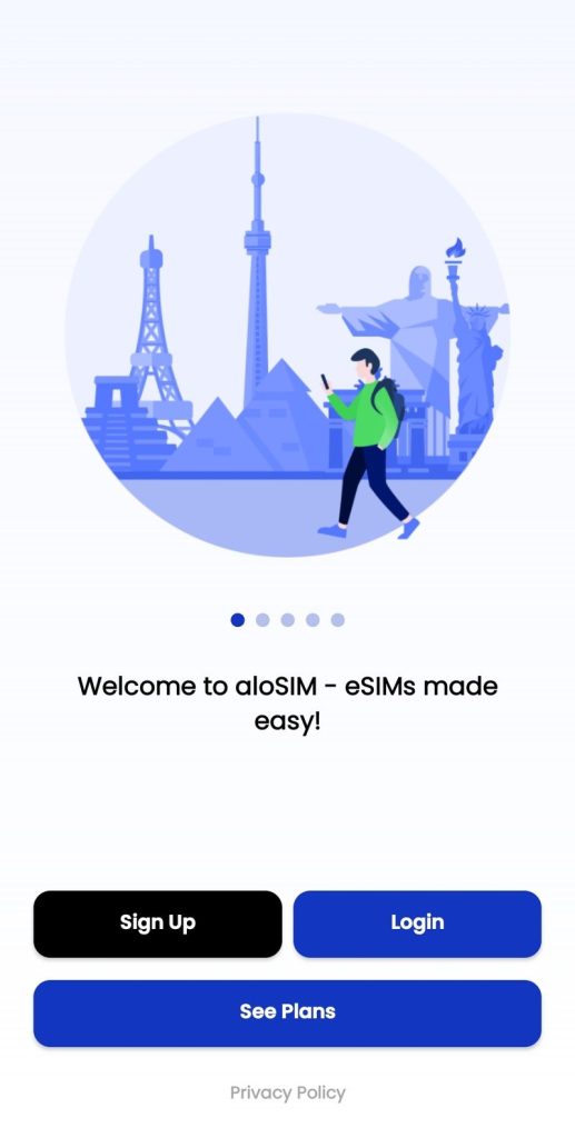 aloSIM eSIM app start screen 