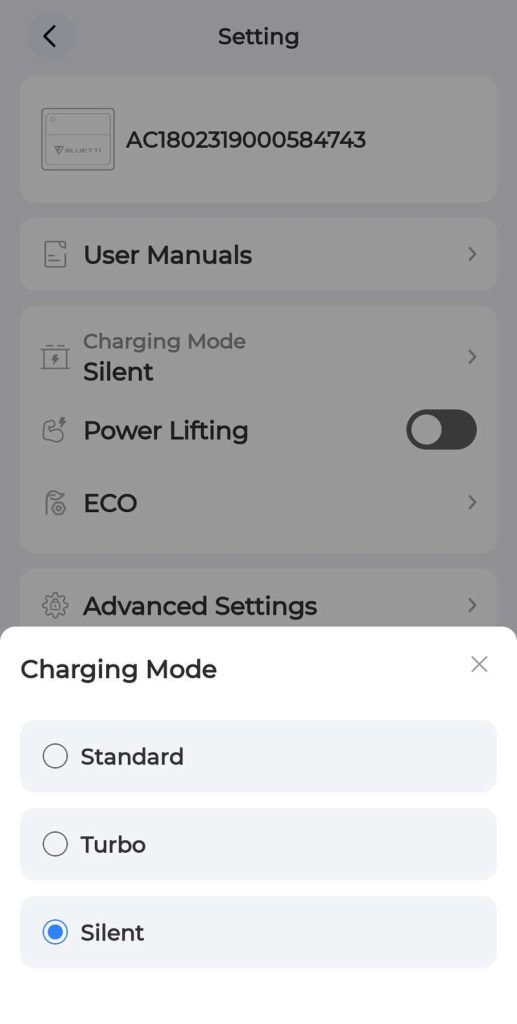 Bluetti App switching charging mode to Silent