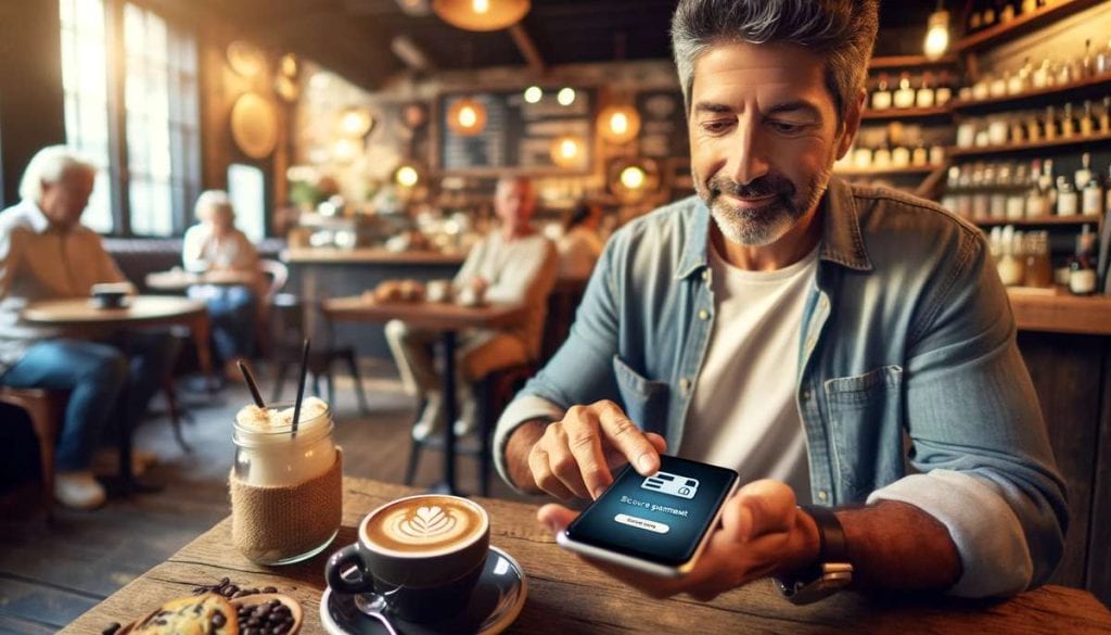 What You Need To Know About Mobile Payment Security While Traveling customer paying for a cappuccino in a café. Image generated with DALL-E image generator