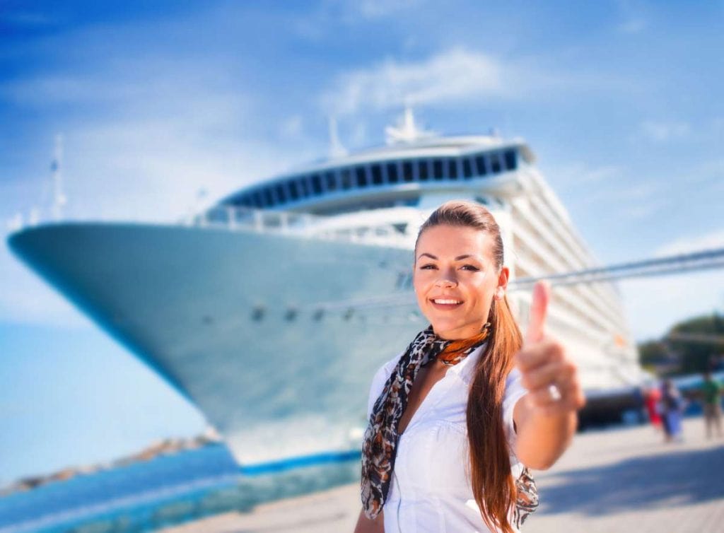 A Happy Woman in front of Cruise Ship
