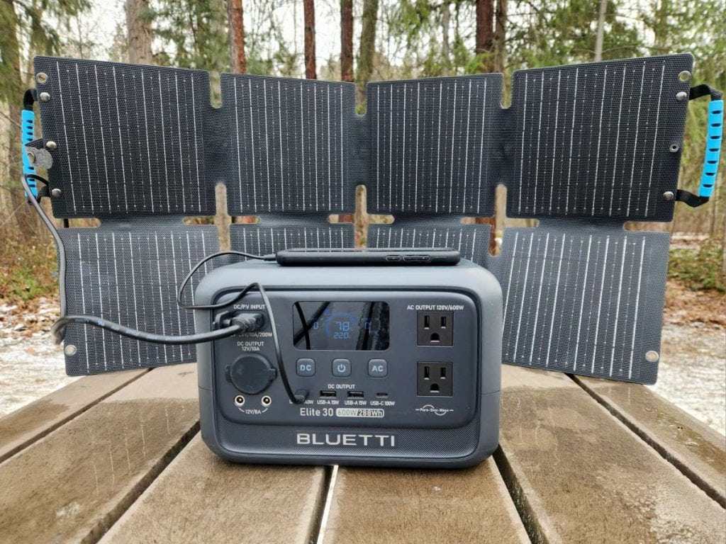 on picnic table Bluetti Elite 30 V2 connected to BLUETTI SORA 60 Solar Panel