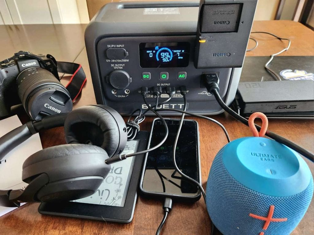 with DSLR and charging phone speaker kindle earbuds camera battery and laptop Bluetti Elite 30 V2