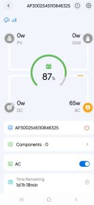 BLUETTI Apex 300 app showing charging fridge 65w