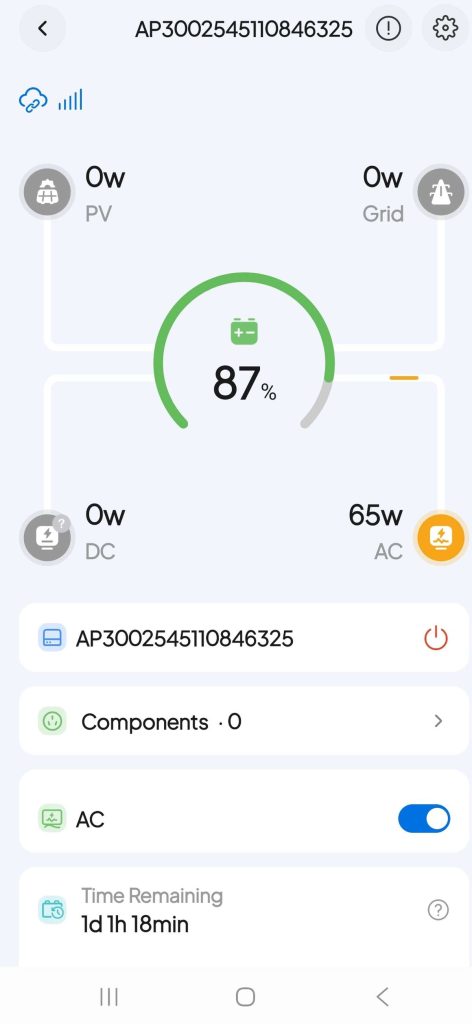 BLUETTI Apex 300 app showing charging fridge 65w