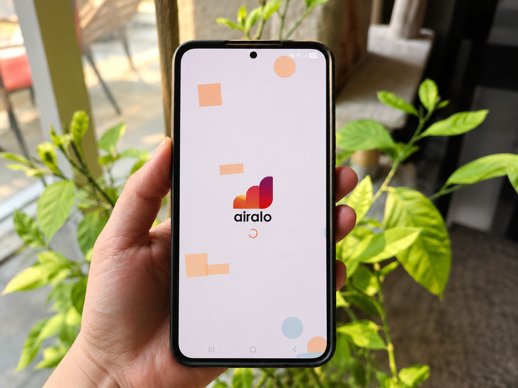 Airalo app on the phone in hand landscape