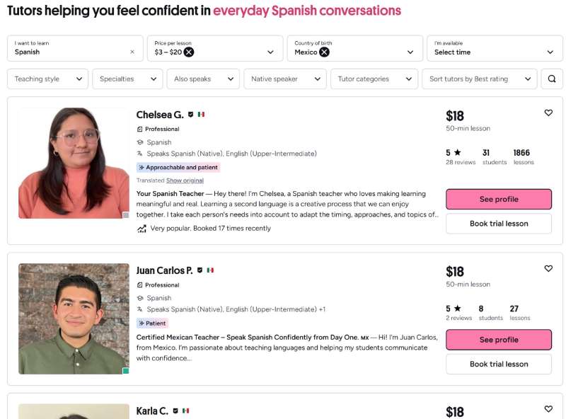 Preply Choose Find Tutor country of birth best rating price (Custom)