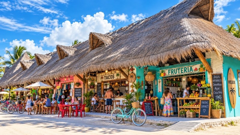 Shops and Restaurants on Sand Street on Holbox Island Mexico Yucatan